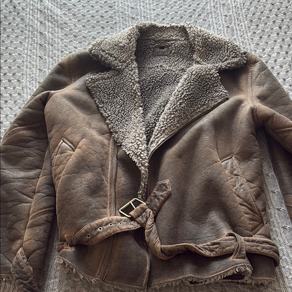 Topman Brown Bomber Jacket with Shearling Lining. Vintage.  Faux leather